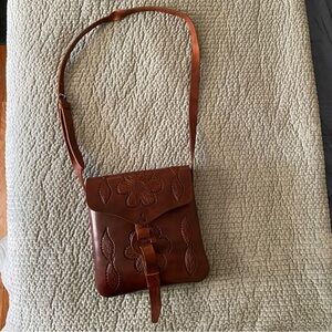 Mexican Brown Leather Crossbody Bag Hand Tooled Floral Handbag Flap Closure